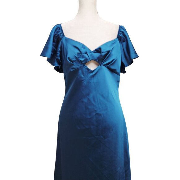 Womens Vubiya Satin Blue Maxi Dress Size M Ruffle Sleeves & Cutout Detail New - Picture 4 of 11